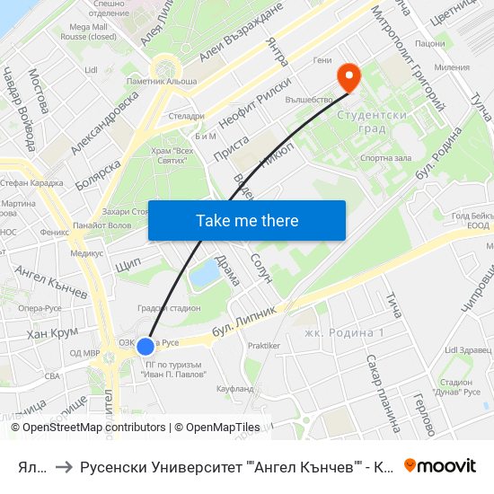 Ялта to Русенски Университет ""Ангел Кънчев"" - Корпус 2 map