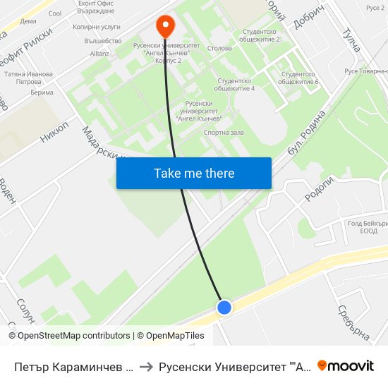 Петър Караминчев to Русенски Университет ""Ангел Кънчев"" - Корпус 2 map