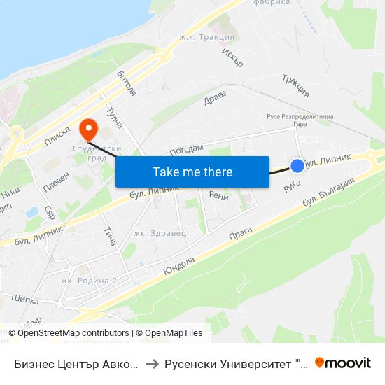 Бизнес Център Авко to Русенски Университет ""Ангел Кънчев"" - Корпус 2 map