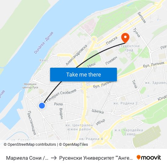 Мариела Сони to Русенски Университет ""Ангел Кънчев"" - Корпус 2 map