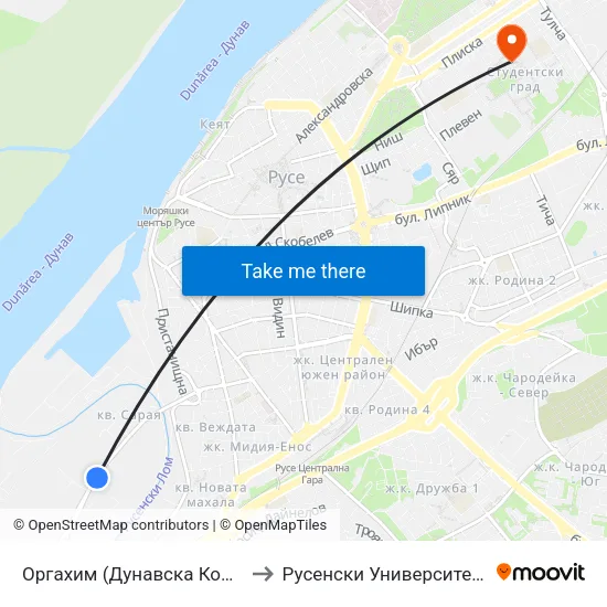 Оргахим (Дунавска Коприна) / Orgachim (Danube Silk) to Русенски Университет ""Ангел Кънчев"" - Корпус 2 map