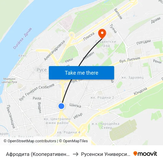 Афродита (Кооперативен Пазар) / Aphrodite (Cooperative Market) to Русенски Университет ""Ангел Кънчев"" - Корпус 2 map