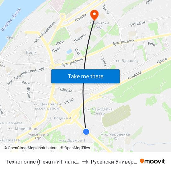 Технополис (Печатни Платки) to Русенски Университет ""Ангел Кънчев"" - Корпус 2 map
