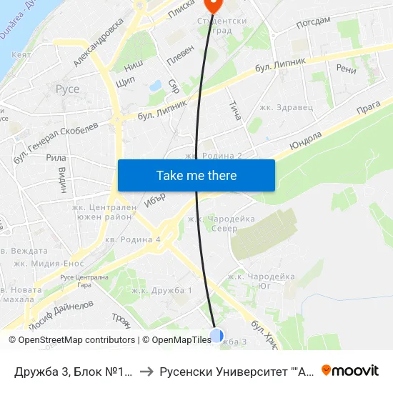 Дружба 3, Блок №10 / Druzhba 3, Bl. 10 to Русенски Университет ""Ангел Кънчев"" - Корпус 2 map