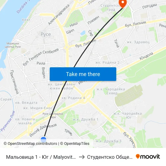 Мальовица 1 - Юг / Malyovitsa 1 - South to Студентско Общежитие 5 map