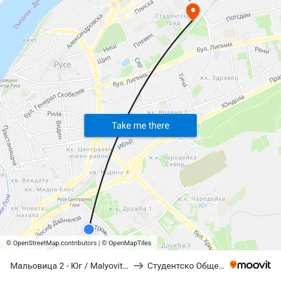 Мальовица 2 - Юг / Malyovitsa 2 - South to Студентско Общежитие 5 map