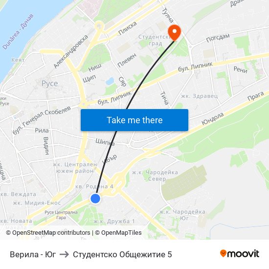 Верила - Юг to Студентско Общежитие 5 map
