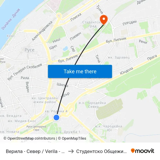 Верила - Север / Verila - North to Студентско Общежитие 5 map