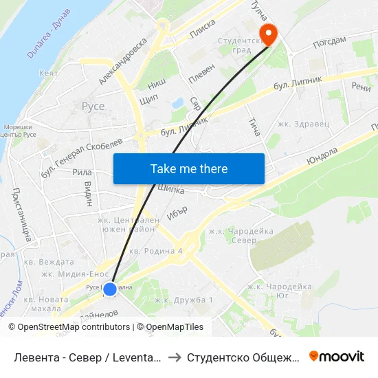 Левента - Север / Leventa - North to Студентско Общежитие 5 map