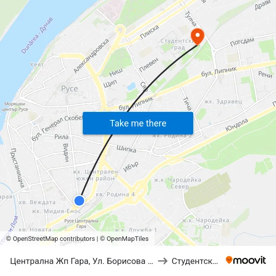 Централна Жп Гара, Ул. Борисова / Central Railway Station, Borisova Street to Студентско Общежитие 5 map