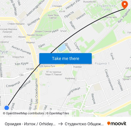 Орхидея - Изток to Студентско Общежитие 5 map