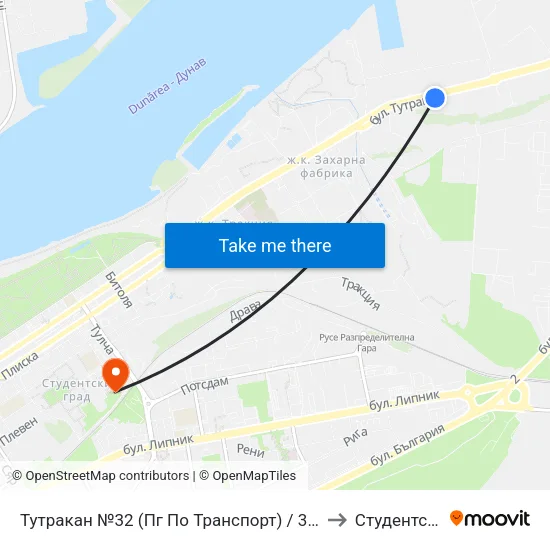 Тутракан №32 (Пг По Транспорт) / 32 Tutrakan Boulevard (Vocational School Of Transport) to Студентско Общежитие 5 map