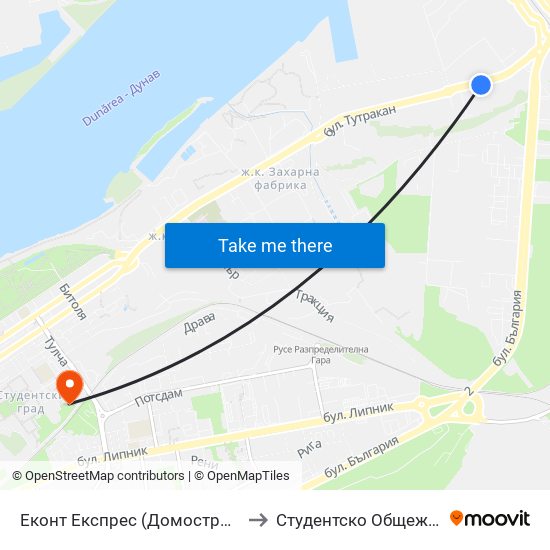 Еконт Експрес (Домостроене Ад) to Студентско Общежитие 5 map