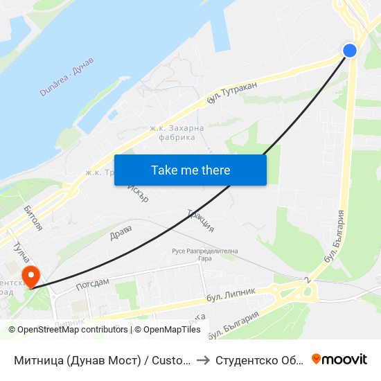 Митница (Дунав Мост) to Студентско Общежитие 5 map