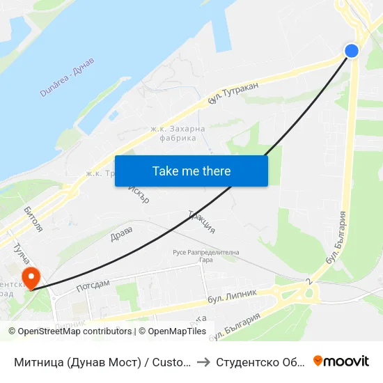 Митница (Дунав Мост) / Customs (Danube Bridge) to Студентско Общежитие 5 map