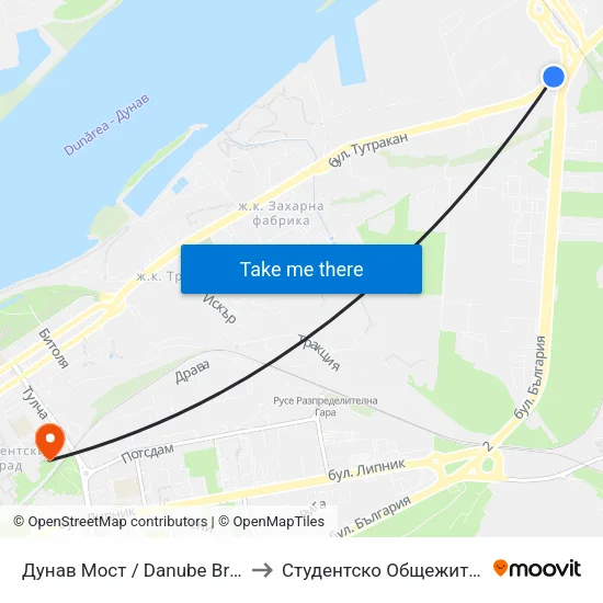 Дунав Мост / Danube Bridge to Студентско Общежитие 5 map