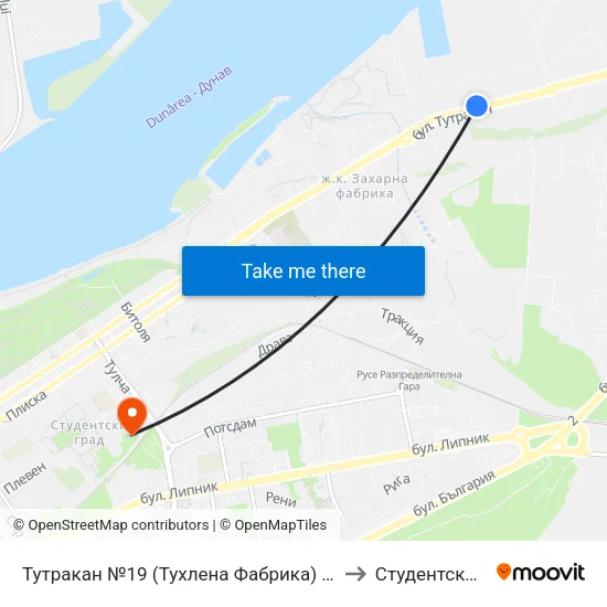 Тутракан №19 (Тухлена Фабрика) / 19 Tutrakan Boulevard (Brick Factory) to Студентско Общежитие 5 map