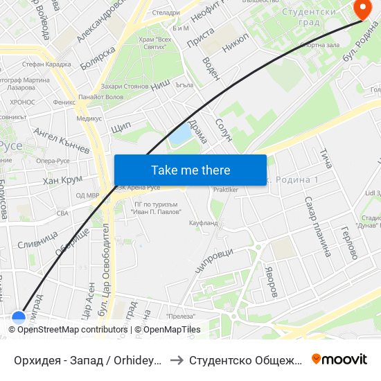 Орхидея - Запад / Orhideya - West to Студентско Общежитие 5 map