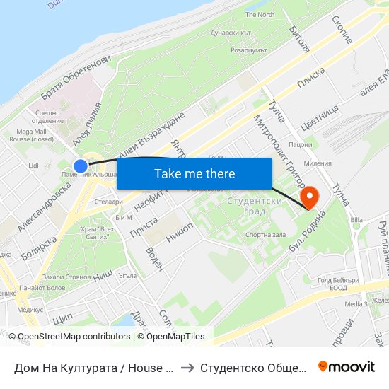 Дом На Културата to Студентско Общежитие 5 map