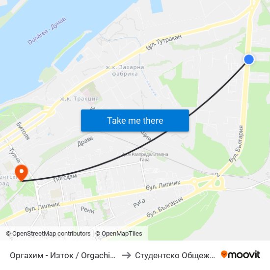 Оргахим - Изток to Студентско Общежитие 5 map
