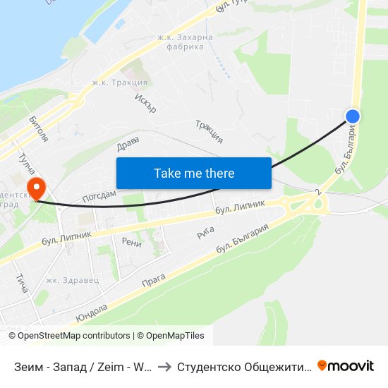 Зеим - Запад to Студентско Общежитие 5 map