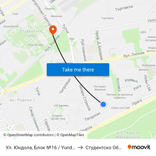 Ул. Юндола, Блок №16 / Yundola Street, Bl. 16 to Студентско Общежитие 5 map