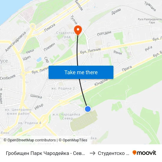 Гробищен Парк Чародейка - Север / Charodeyka Cemetery - North to Студентско Общежитие 5 map