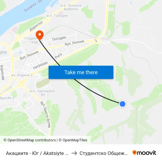 Акациите - Юг / Akatsiyte - South to Студентско Общежитие 5 map