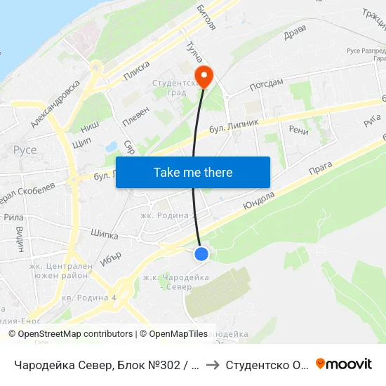 Чародейка Север, Блок №302 / Charodeyka North, Bl. 302 to Студентско Общежитие 5 map