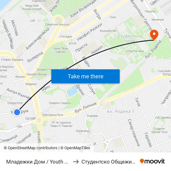 Младежки Дом to Студентско Общежитие 5 map