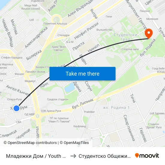 Младежки Дом / Youth Home to Студентско Общежитие 5 map