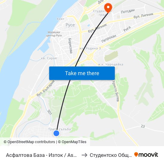 Асфалтова База - Изток to Студентско Общежитие 5 map