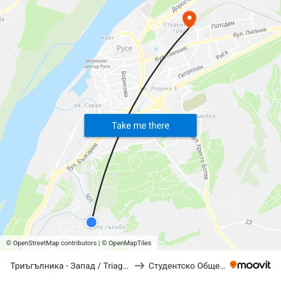 Триъгълника - Запад / Triagalnika - West to Студентско Общежитие 5 map