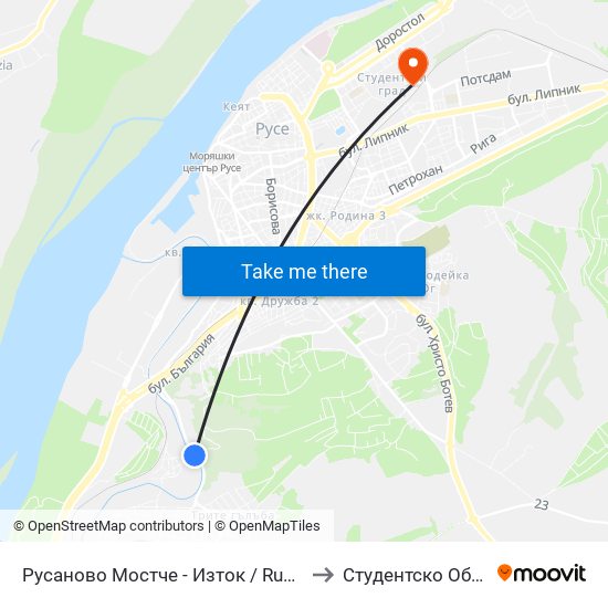 Русаново Мостче - Изток / Rusanovo Bridge - East to Студентско Общежитие 5 map