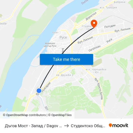 Дъгов Мост - Запад / Dagov Bridge - West to Студентско Общежитие 5 map