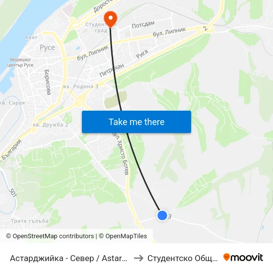 Астарджийка - Север / Astardzhiyka - North to Студентско Общежитие 5 map
