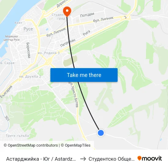 Астарджийка - Юг / Astardzhiyka - South to Студентско Общежитие 5 map