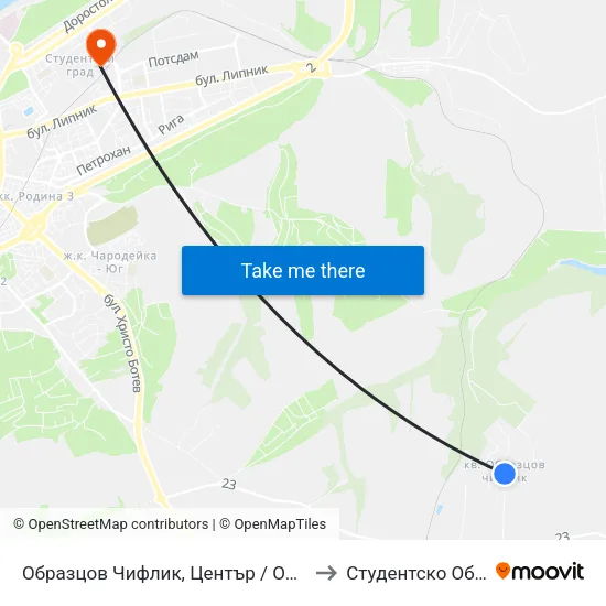 Образцов Чифлик, Център / Obraztsov Chiflik, Centre to Студентско Общежитие 5 map