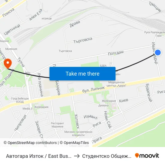 Автогара Изток / East Bus Station to Студентско Общежитие 5 map