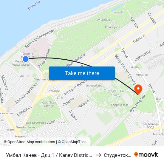 Умбал Канев / Дкц 1 to Студентско Общежитие 5 map