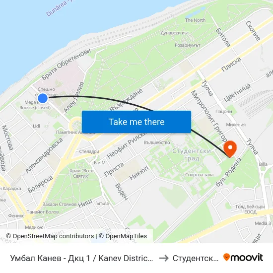 Умбал Канев - Дкц 1 / Kanev District Hospital - 1-St Diagnostic-Consultative Centre to Студентско Общежитие 5 map