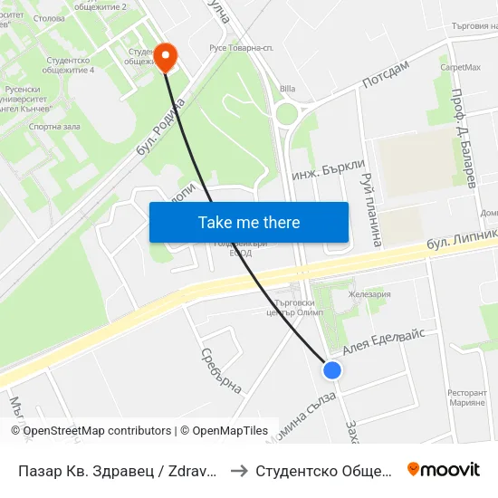 Пазар Кв. Здравец / Zdravets Market to Студентско Общежитие 5 map