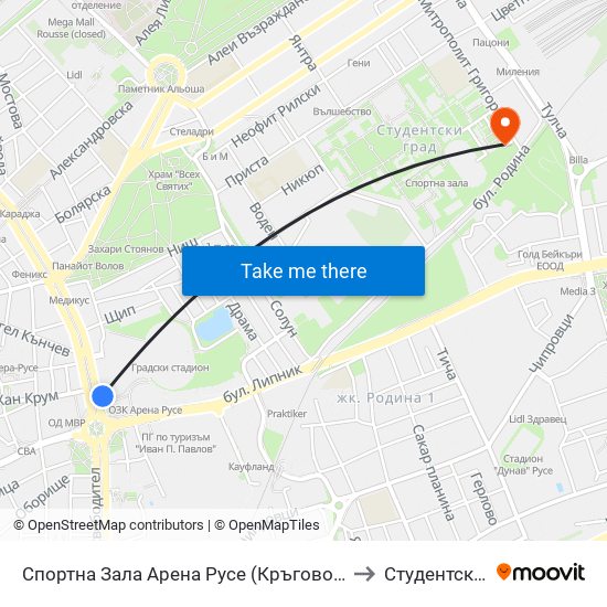 Спортна Зала Арена Русе (Кръговото) to Студентско Общежитие 5 map