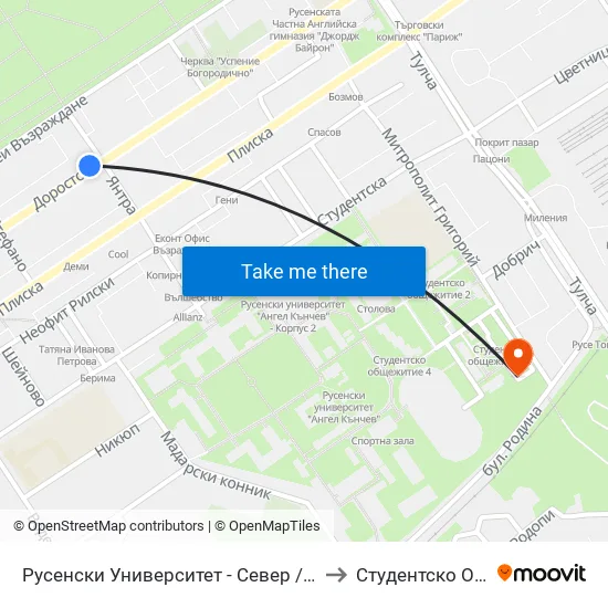 Русенски Университет - Север / University Of Ruse - North to Студентско Общежитие 5 map