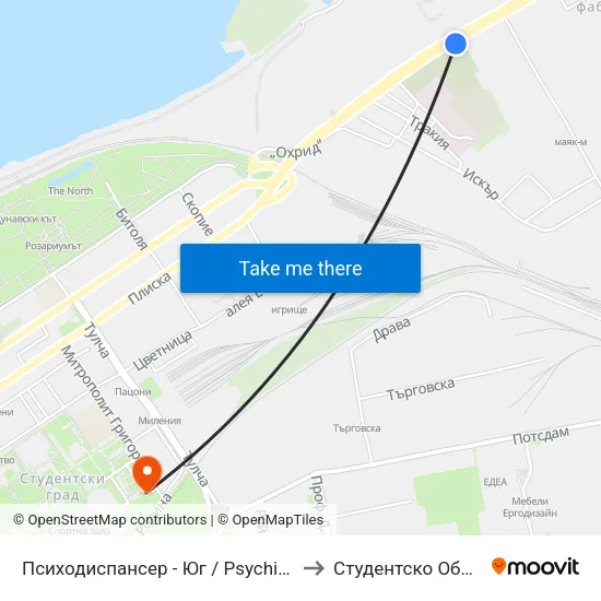 Психодиспансер - Юг / Psychiatric Clinic - South to Студентско Общежитие 5 map