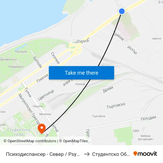 Психодиспансер - Север / Psychiatric Clinic - North to Студентско Общежитие 5 map