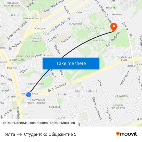 Спортна Зала Арена Русе (Кръговото) to Студентско Общежитие 5 map