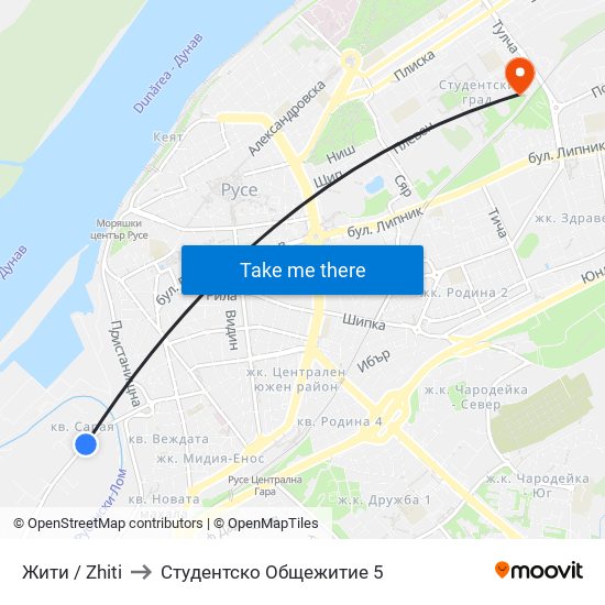 Жити / Zhiti to Студентско Общежитие 5 map