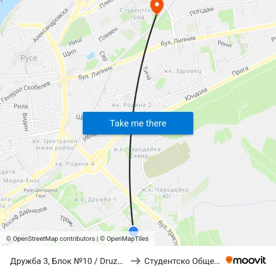 Дружба 3, Блок №10 / Druzhba 3, Bl. 10 to Студентско Общежитие 5 map