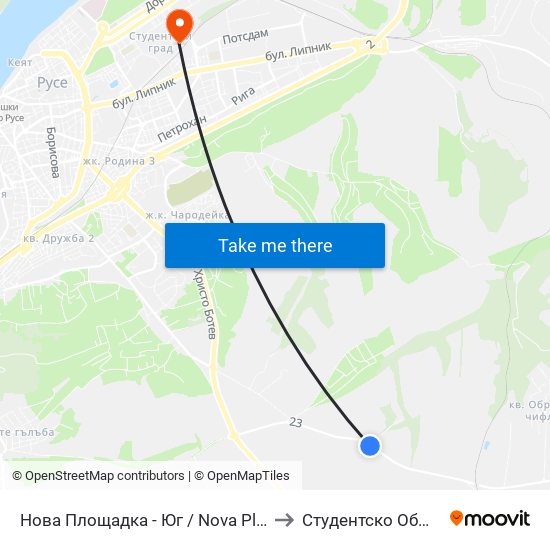 Нова Площадка - Юг / Nova Ploshtatka - South to Студентско Общежитие 5 map